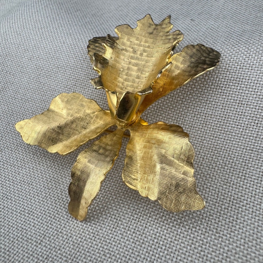 VintagecGold Tone Orchid Brooch Textured Flower Pin Floral
